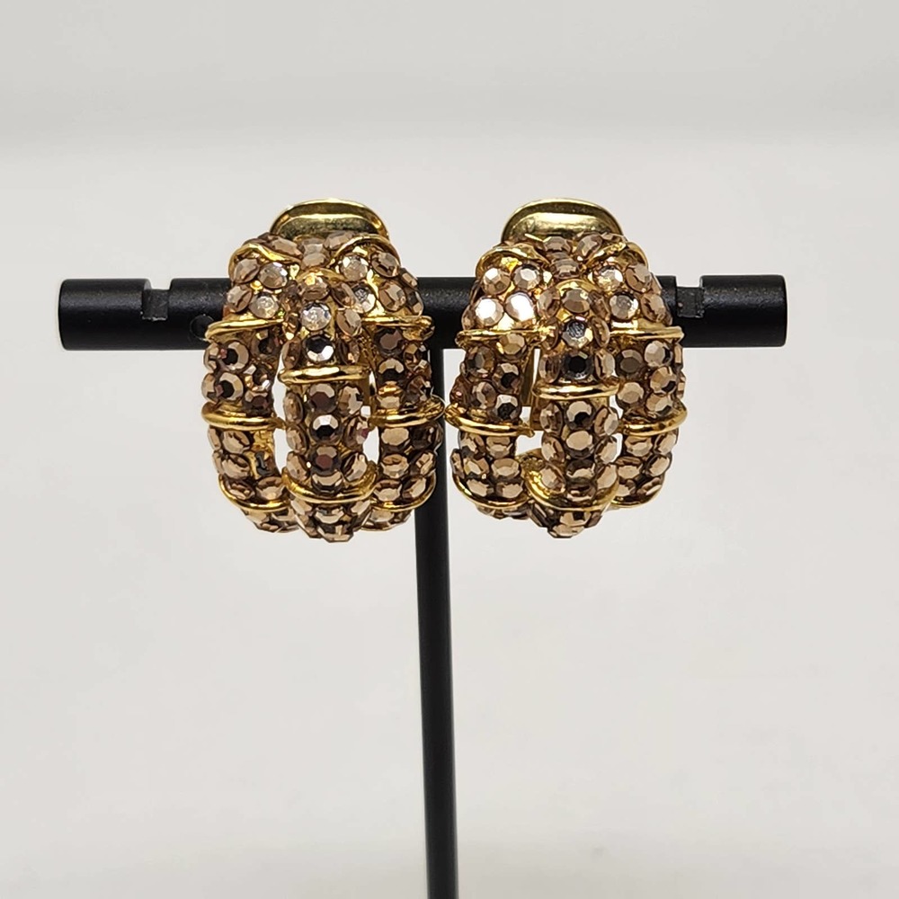 Gold Tone Rhinestone Huggie Hoop Clip On Earrings Chunky Costume Jewelry